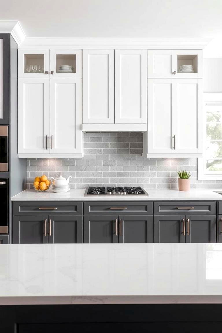 Kitchen with Two Tone Grey and White Cabinets - 24 Grey and White House Interior Design Ideas