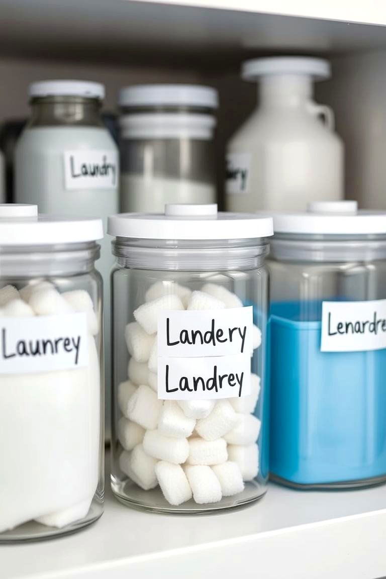 Labeled Plastic Jars for Small Detergent Items - 24 Laundry Detergent Storage Ideas