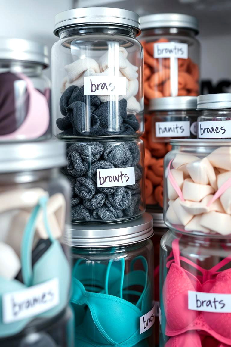 Labeled Storage Jars for Bras - 24 Bra Storage Ideas