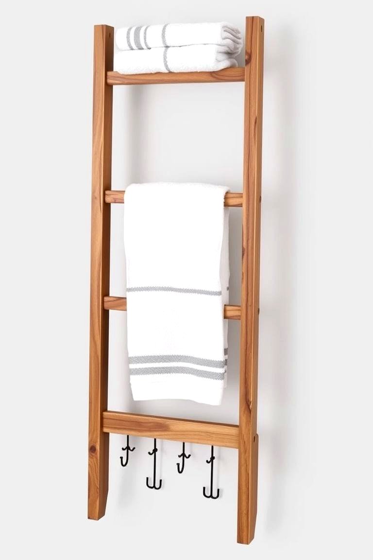 Ladder Towel Rack with Built In Hooks - 24 Bathroom Towel Rack Ideas