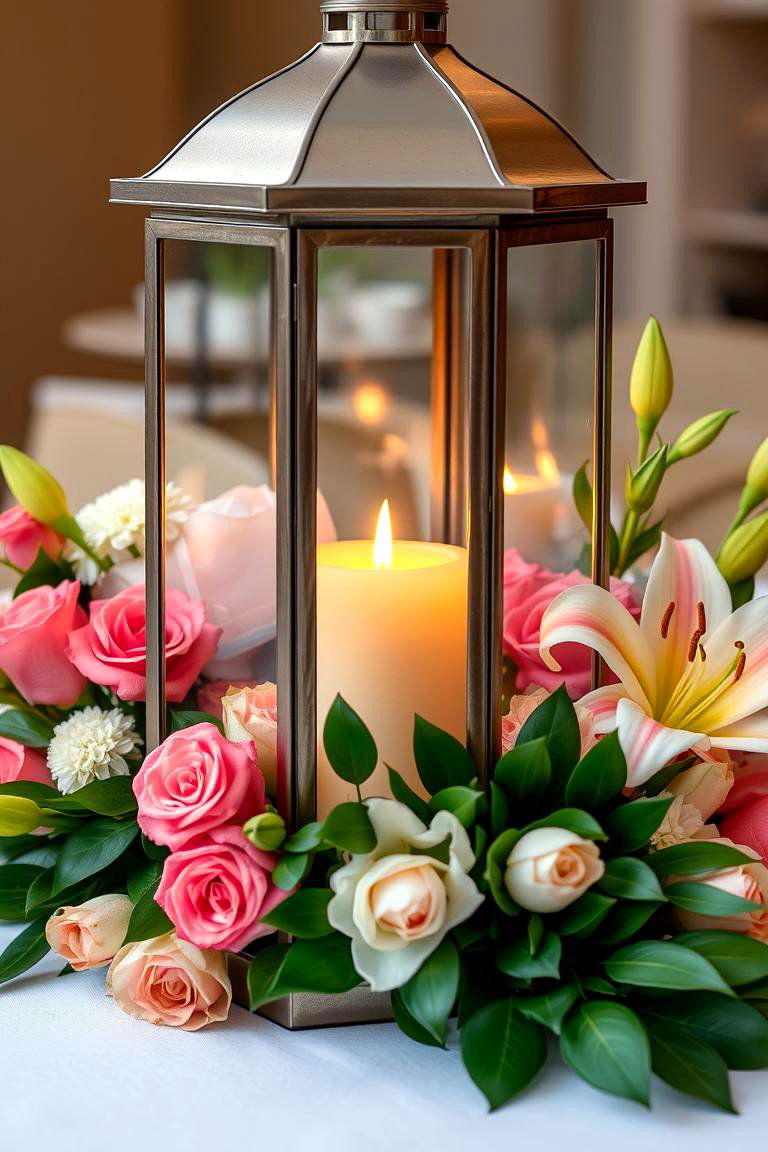 Lantern and Floral Arrangement - 24 Baby Shower Centerpiece Ideas