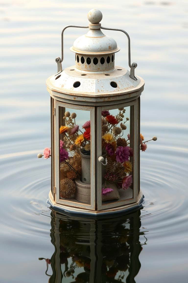 Lanterns with Dried Flowers Floating in Water - 24 Floating Wedding Centerpiece Ideas