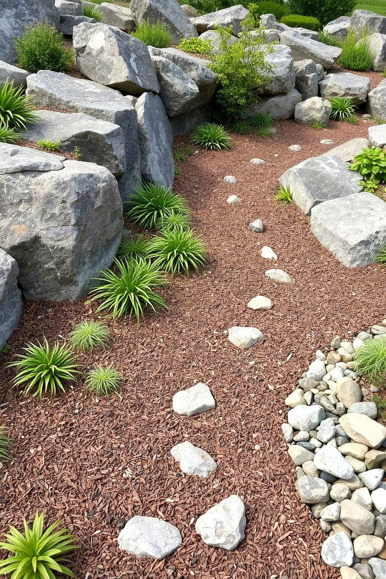 Large Rock Garden with Mulched Pathways - 24 Front Yard Landscaping Ideas With Rocks and Mulch