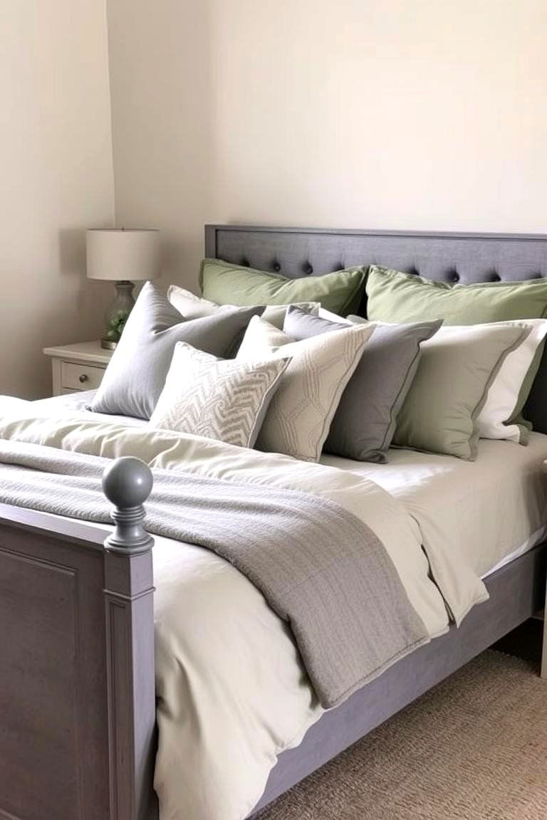 Layer with Decorative Pillows - 24 Sage Green and Grey Bedroom Ideas