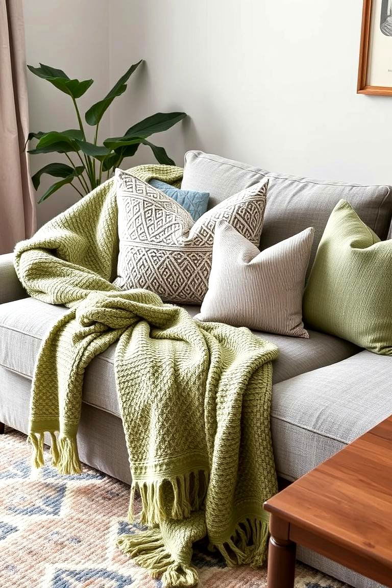 Layer with Grey Textiles on Sage Green Accents - 24 Grey and Sage Green Living Room Ideas