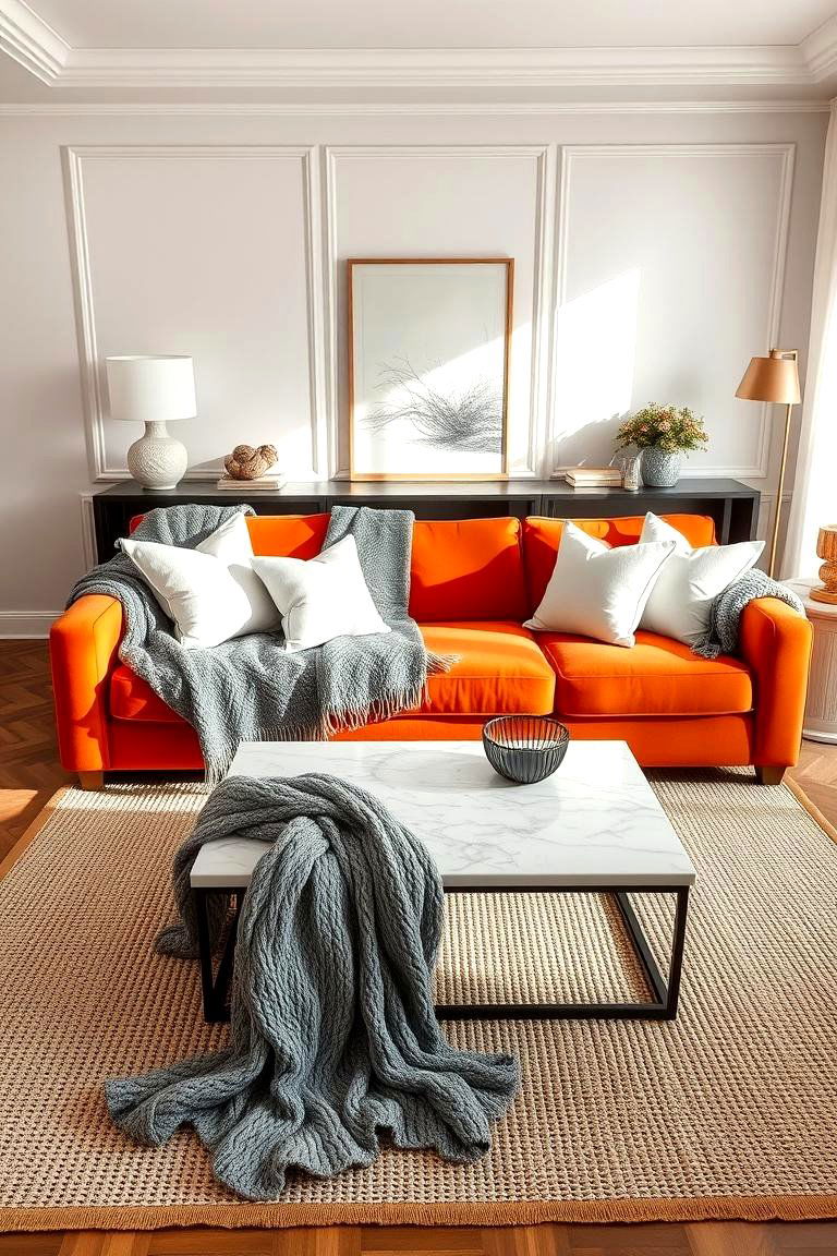 Layer with Neutrals for Sophistication - 24 Orange Couch Living Room Ideas