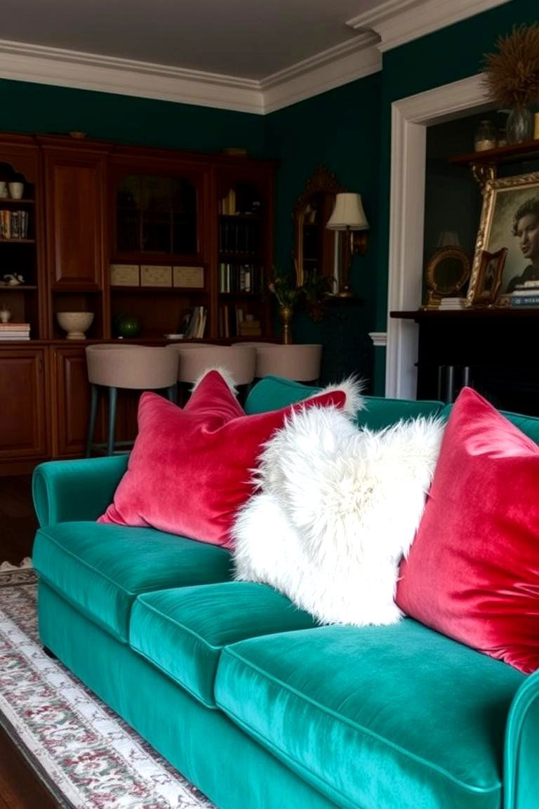 Layer with Textured Throw Pillows and Blankets - 24 Emerald Green Sofa Living Room Ideas