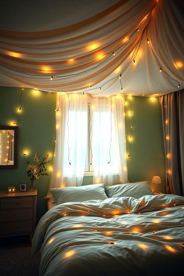 Layered Ambient Lighting - 24 Boho Sage Green Bedroom Ideas