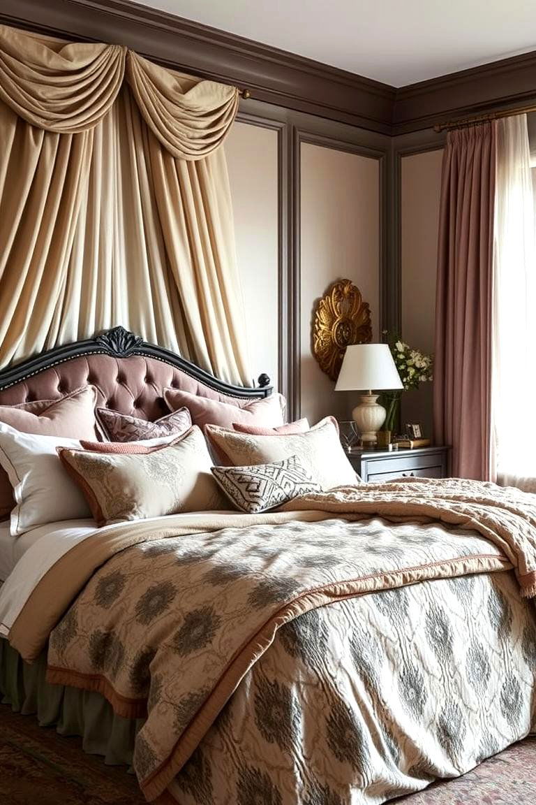 Layered Bed Linens - 24 Dark Boho Bedroom Ideas