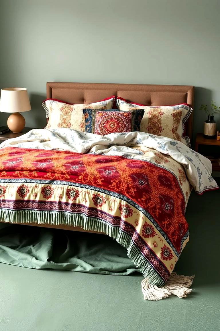 Layered Boho Bedding - 24 Boho Sage Green Bedroom Ideas