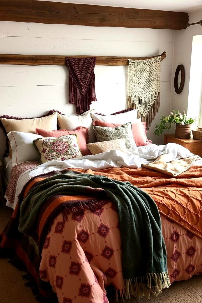Layered Boho Bedding - 24 Hippie Bedroom Ideas