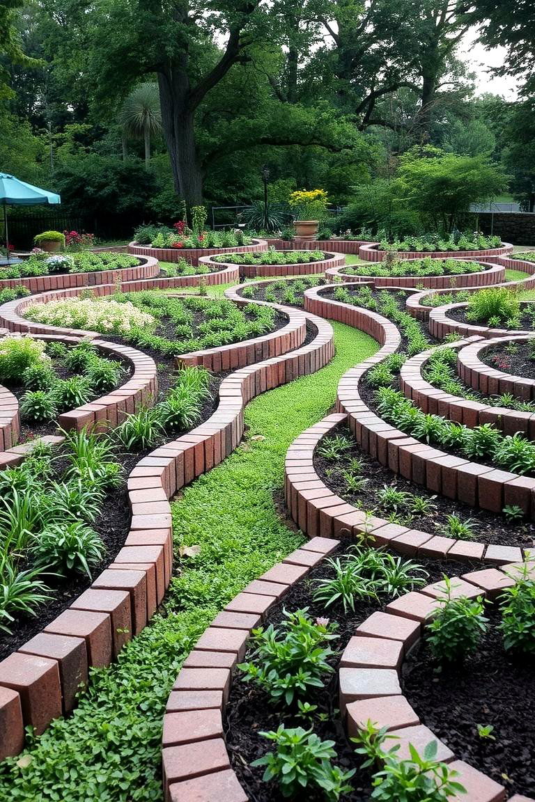 Layered Brick Edging with Curves - 24 Brick Edging Ideas