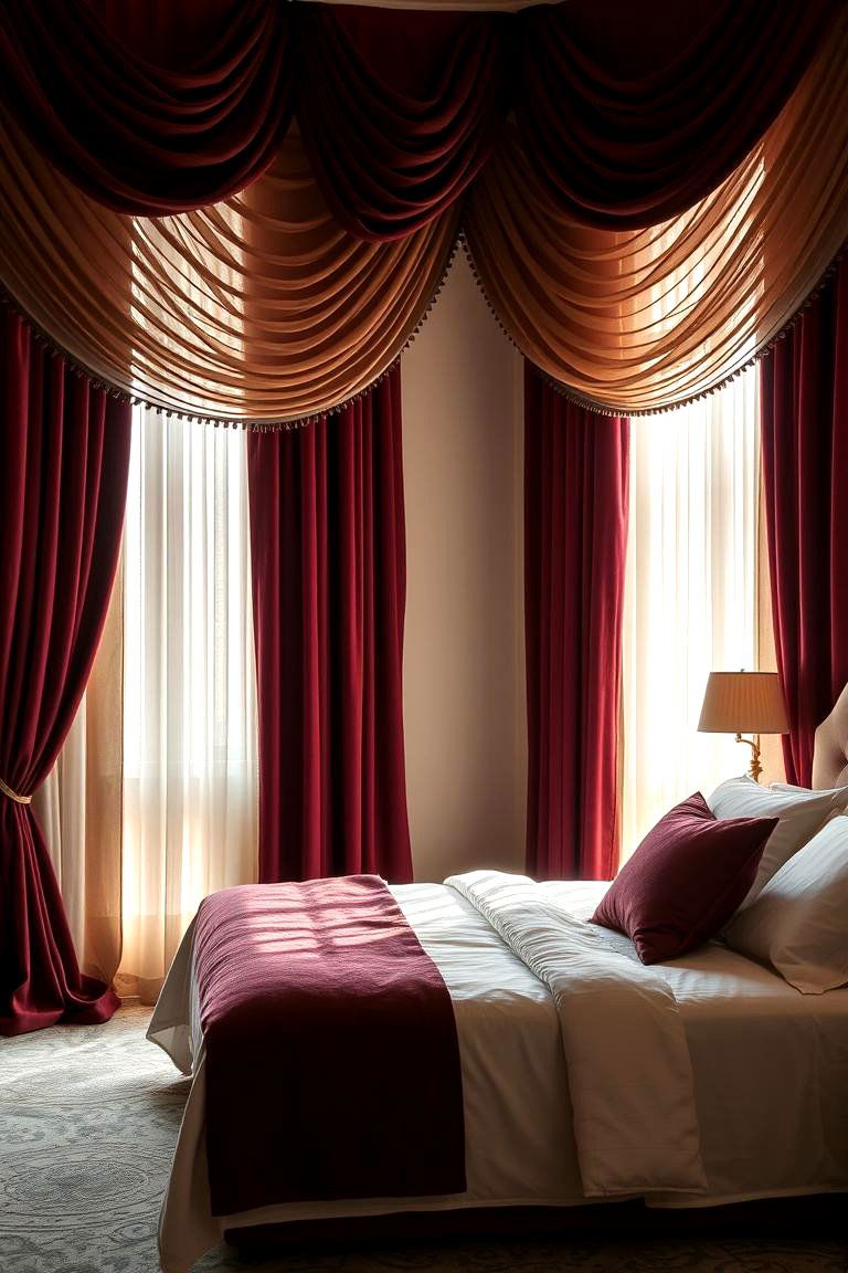 Layered Burgundy Curtains - 24 Burgundy Bedroom Ideas