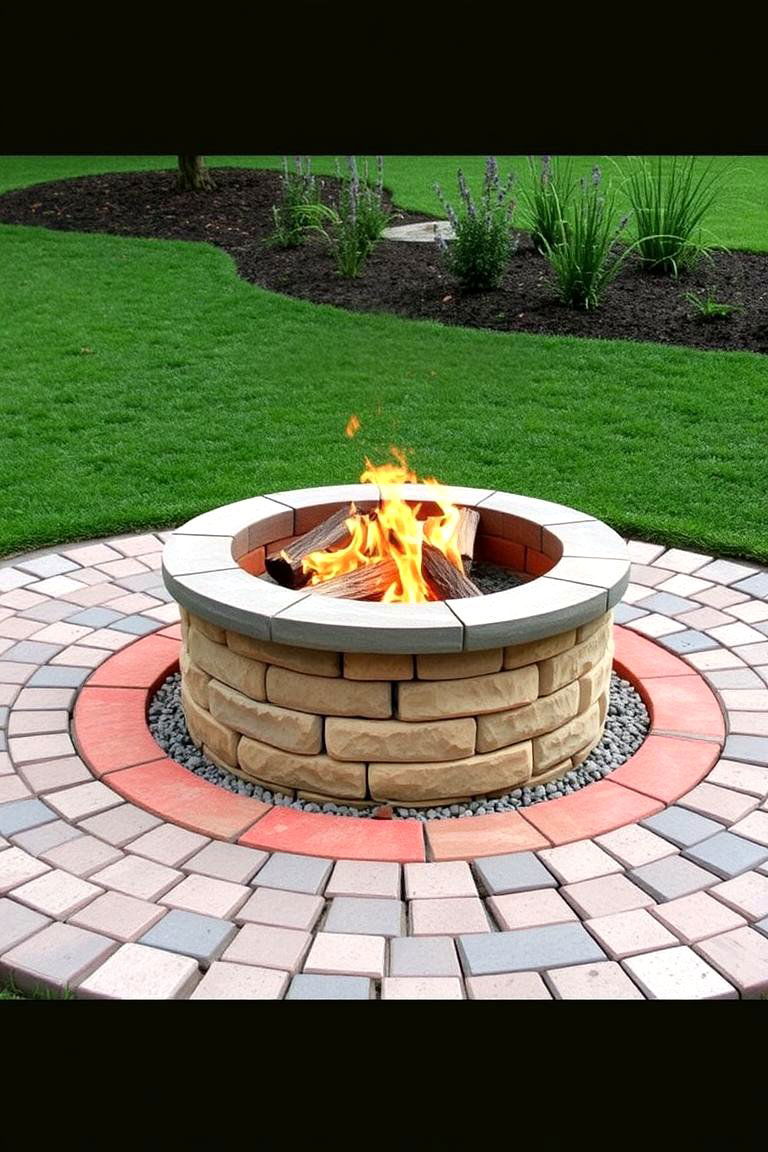 Layered Concrete Paver Fire Pit with Accent Borders - 24 Concrete Paver Patio Fire Pit Ideas