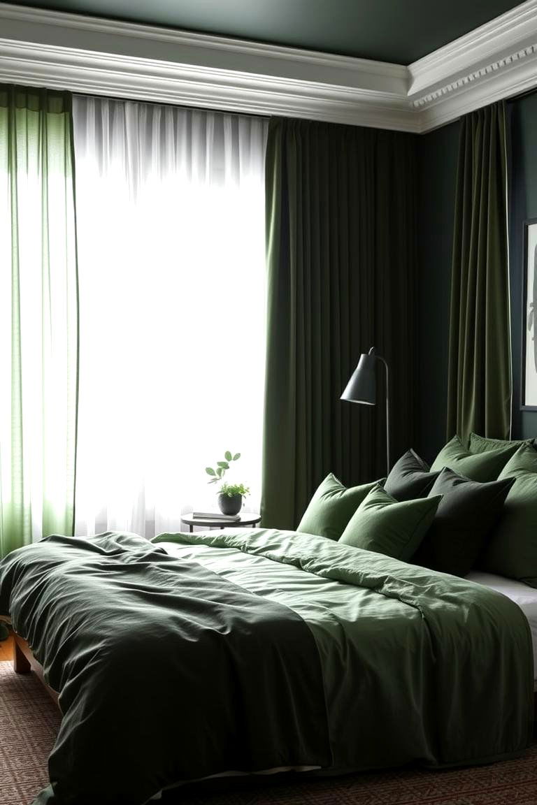 Layered Dark Green Textiles - 24 Dark Green Bedroom Ideas