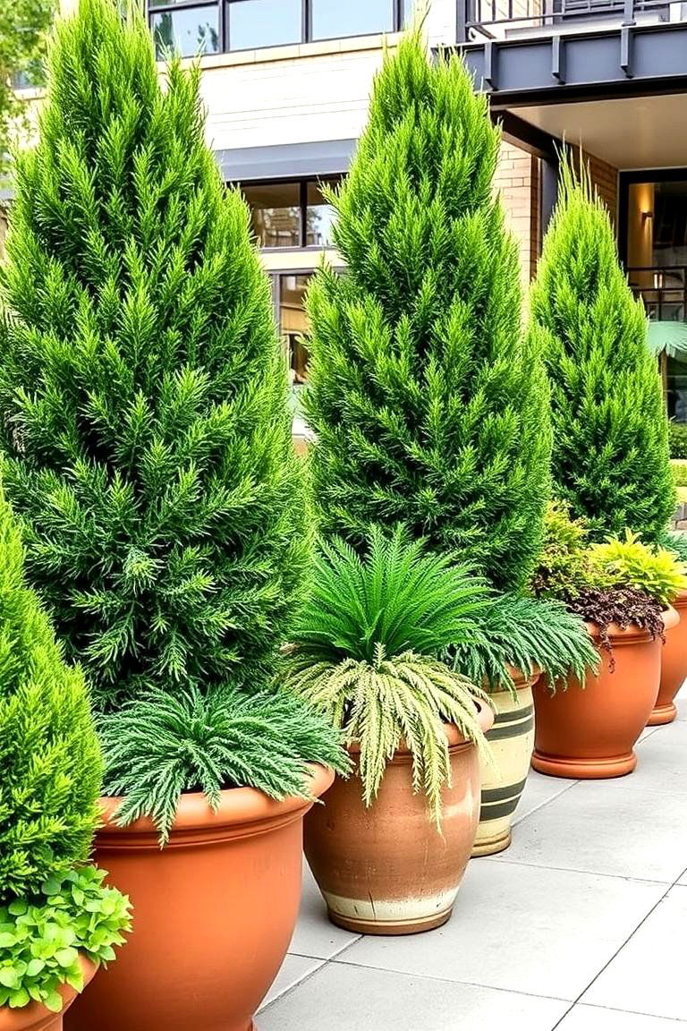 Layered Evergreen Planters - 24 Front Yard Evergreen Landscaping Ideas