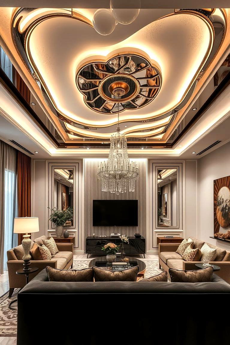 Layered False Ceiling with Metallic Accents - 24 Living Room False Ceiling Design Ideas