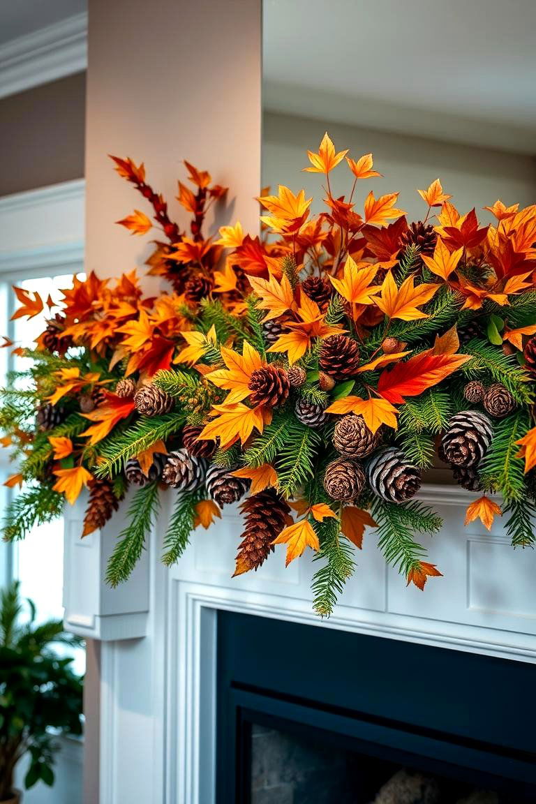 Layered Foliage and Pinecones - 24 Fall Mantel Decor Ideas