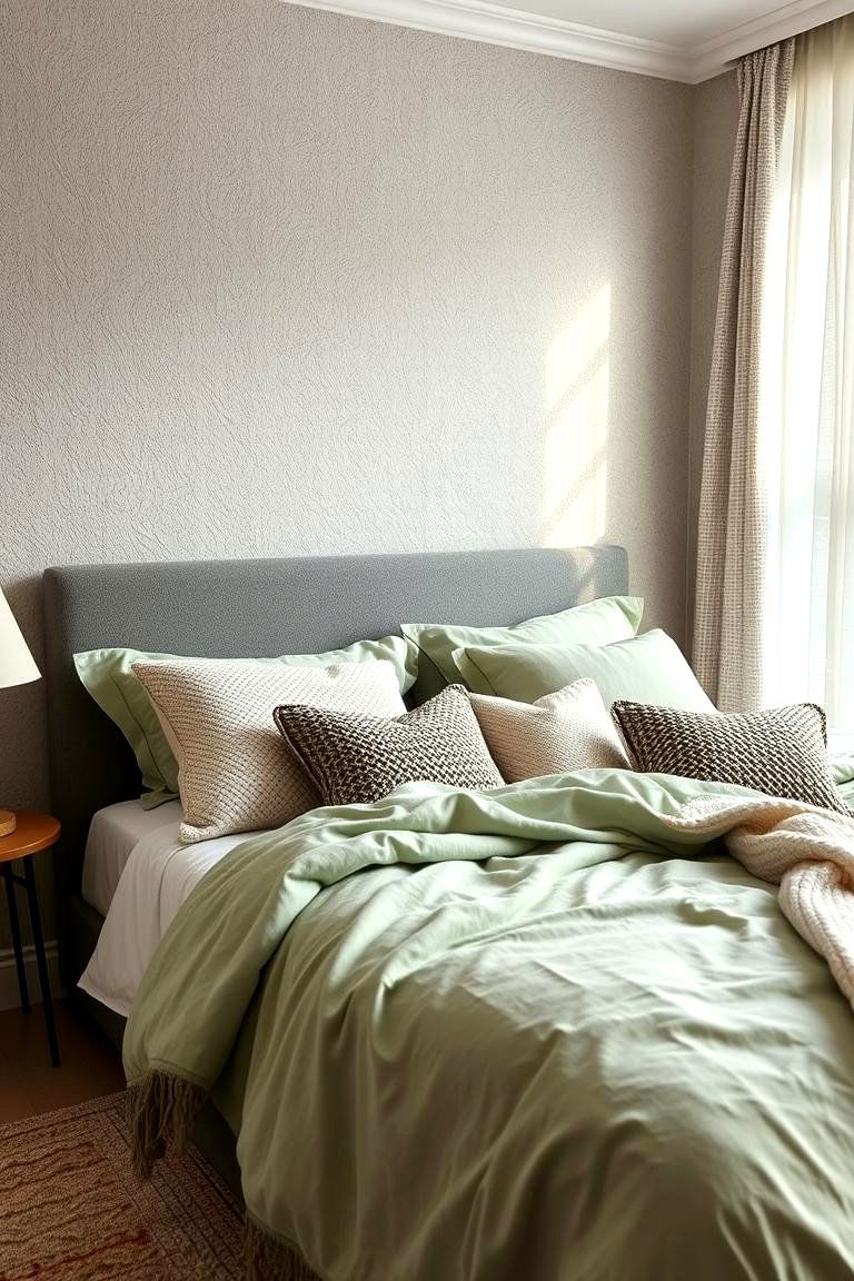 Layered Light Green Textures - 24 Light Green Bedroom Ideas