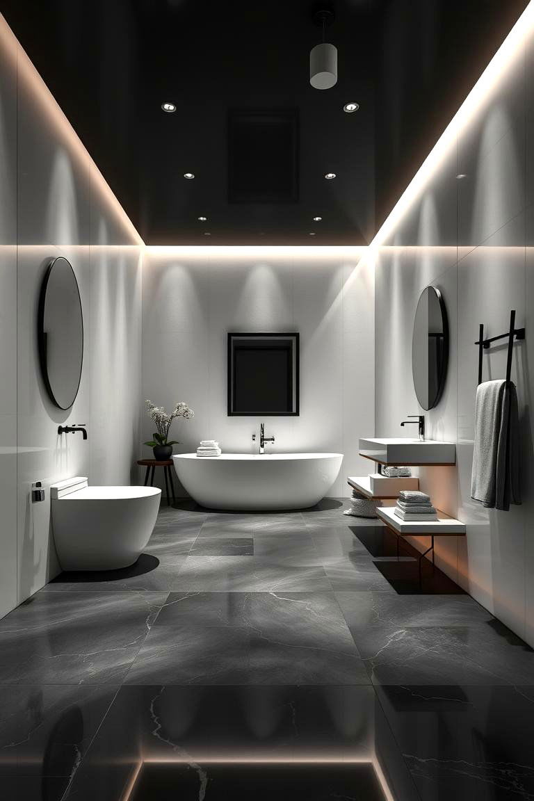 Layered Lighting Effects - 24 Black Floor Bathroom With White Walls Ideas
