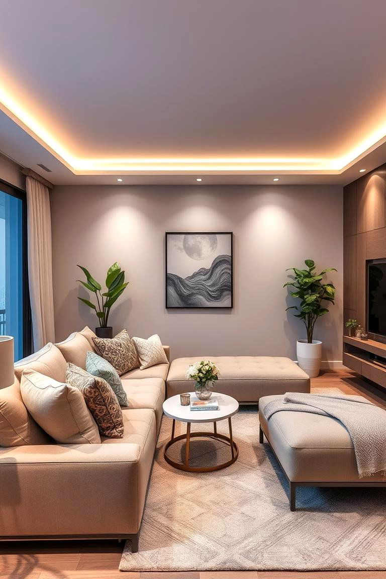 Layered Lighting for Ambiance - 24 Beige Couch Living Room Ideas