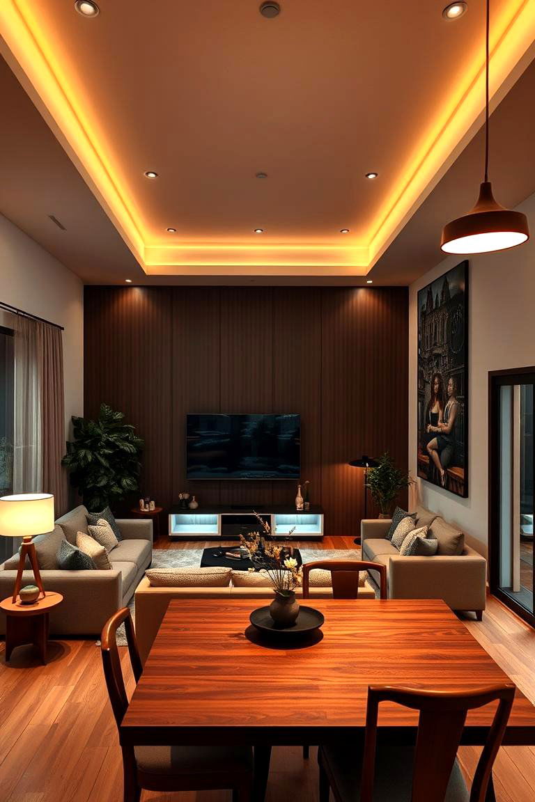 Layered Lighting for Ambience - 24 Small Living Room Ideas With Tv and Dining Table
