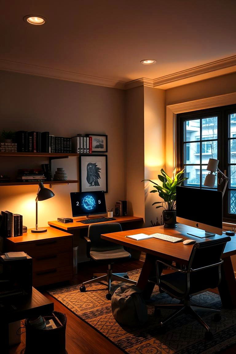 Layered Lighting for Depth - 24 Home Office Lighting Ideas