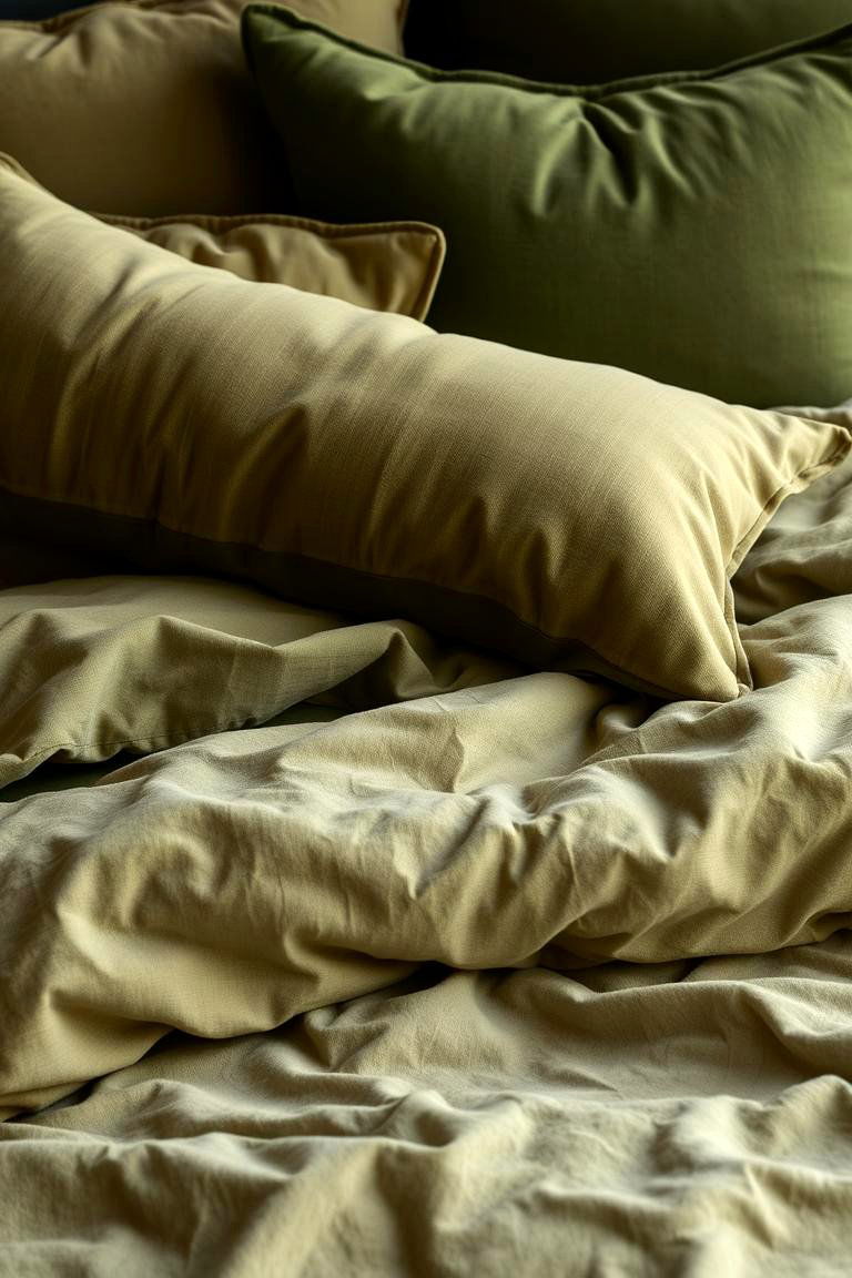 Layered Olive Green Bedding - 24 Olive Green Bedroom Ideas