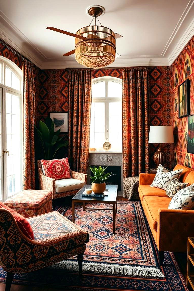 Layered Patterns in Burnt Orange Tones - 24 Boho Burnt Orange Bedroom Ideas