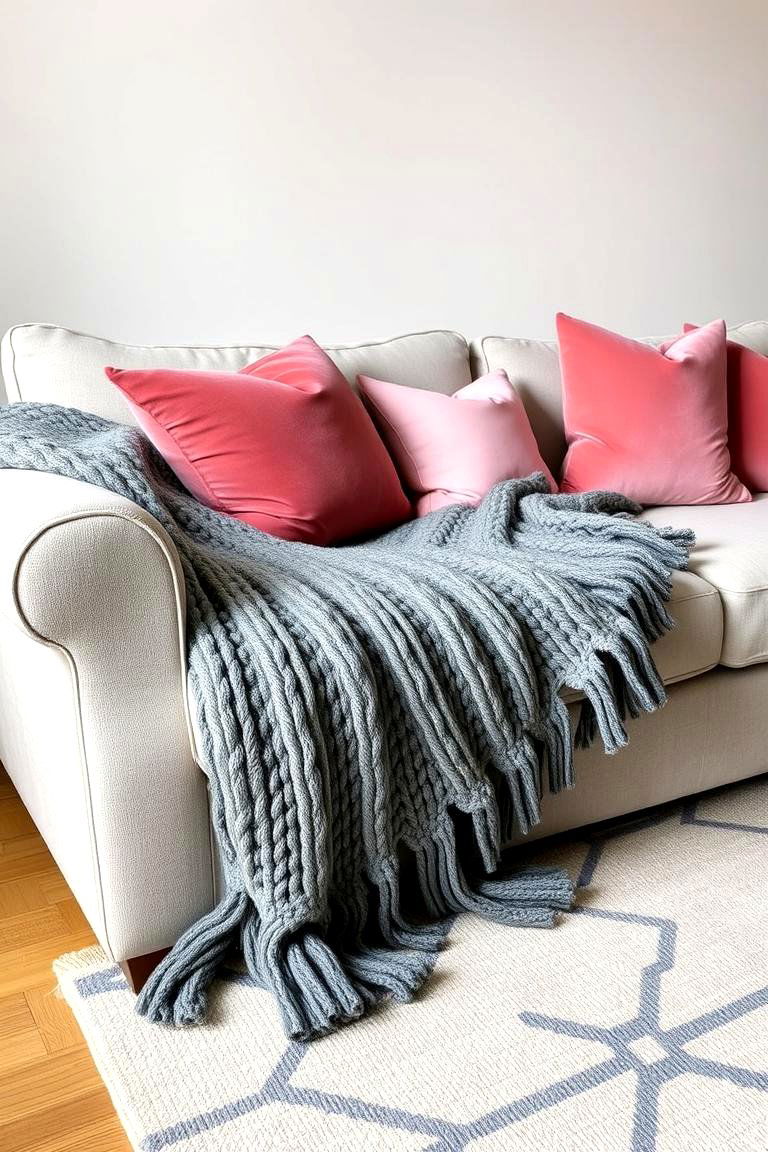 Layered Pink and Grey Textiles - 24 Pink and Grey Living Room Ideas