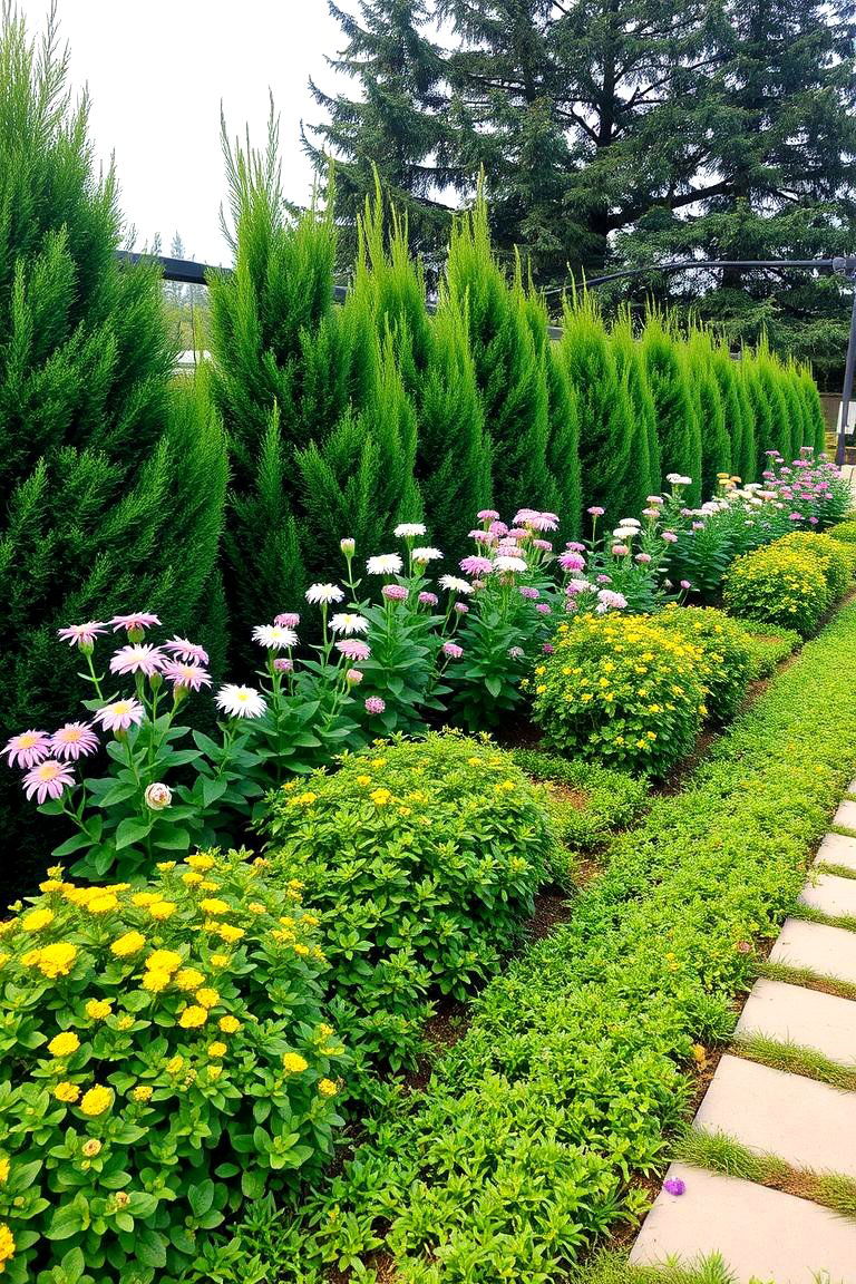 Layered Planting with Stepping Stones - 24 Simple Fence Line Landscaping Ideas