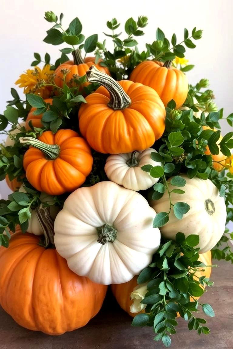 Layered Pumpkin and Foliage Arrangements - 24 Pumpkin Decor Ideas