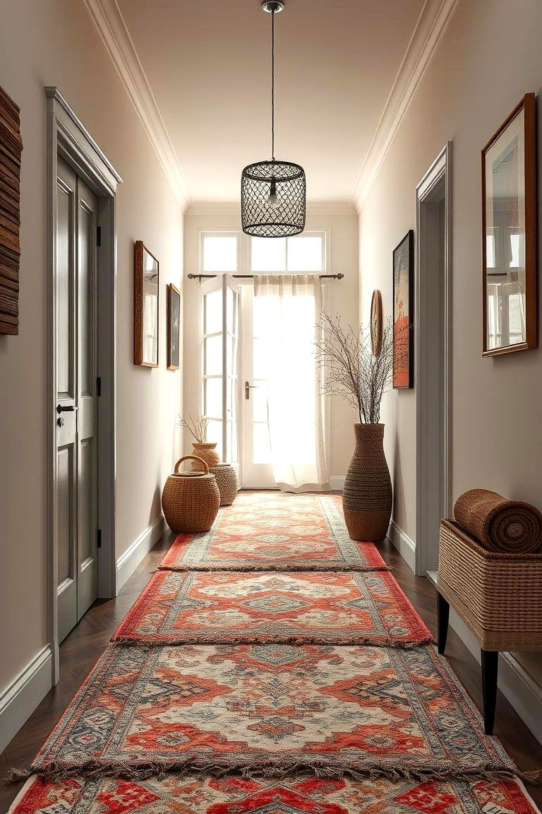 Layered Rug Textures - 24 Boho Hallway Ideas