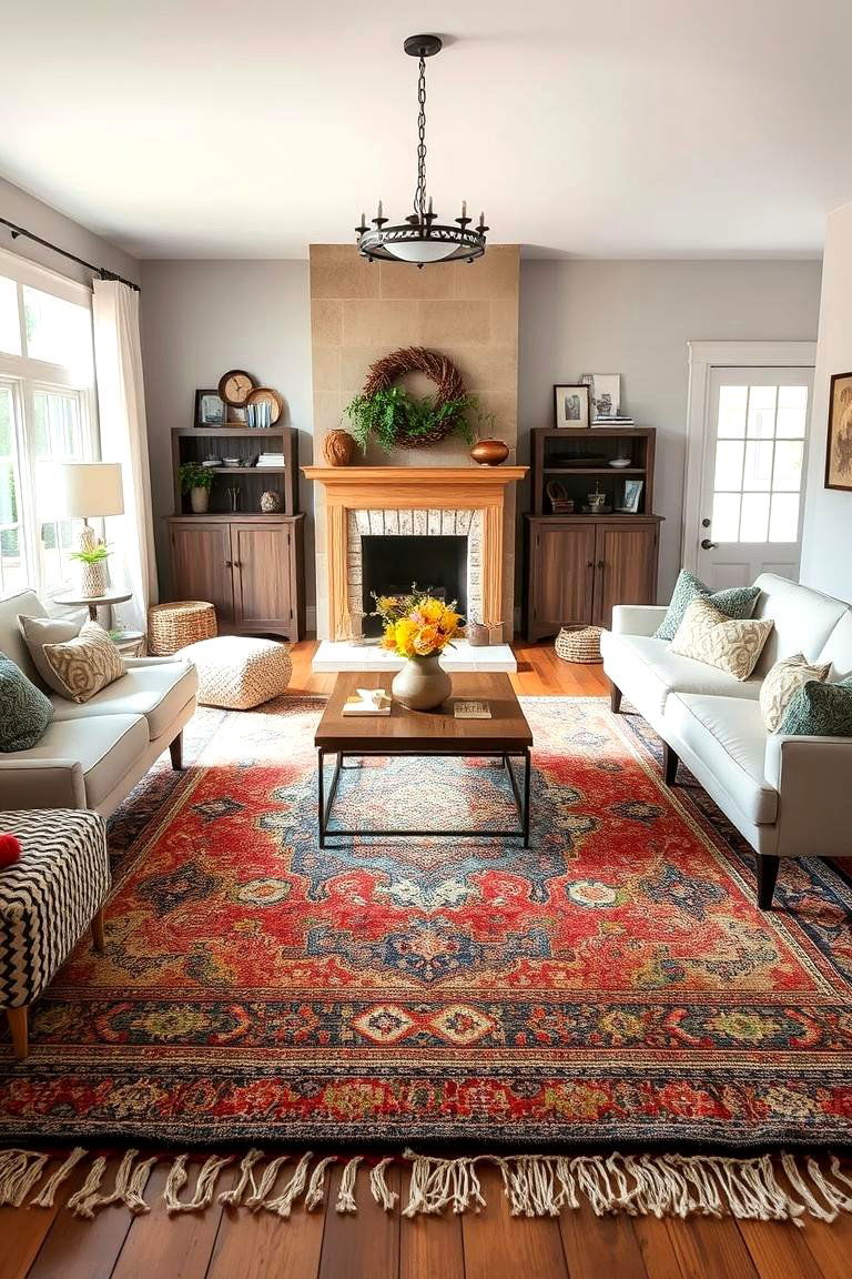 Layered Rugs for Comfort and Style - 24 Farmhouse Living Room Ideas