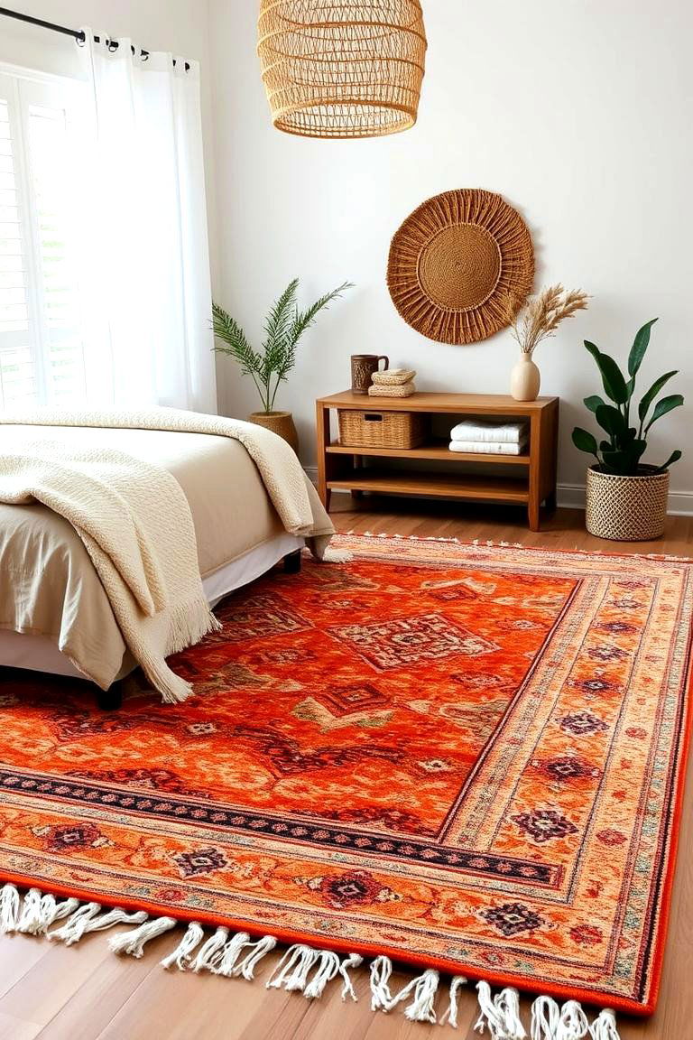 Layered Rugs in Burnt Orange and Boho Style - 24 Boho Burnt Orange Bedroom Ideas
