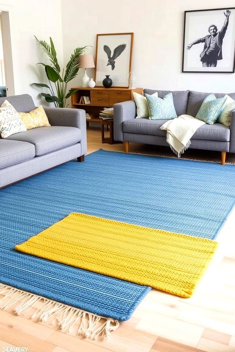 Layered Rugs in Complementary Shades - 24 Yellow and Blue Living Room Ideas