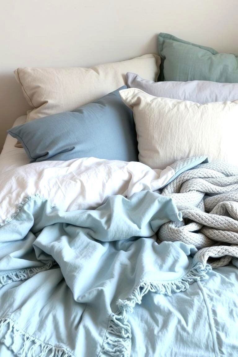 Layered Sky Blue Bedding with Texture - 24 Sky Blue Bedroom Ideas