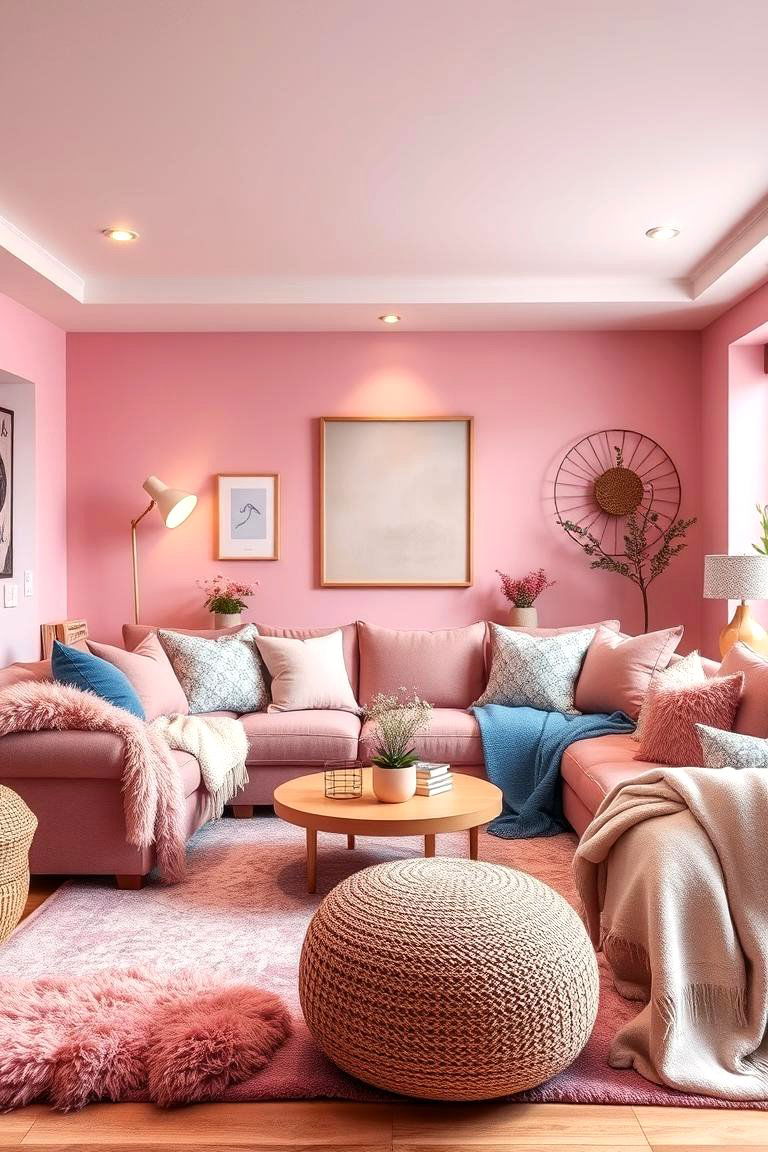 Layered Soft Furnishings - 24 Pink and Blue Living Room Ideas
