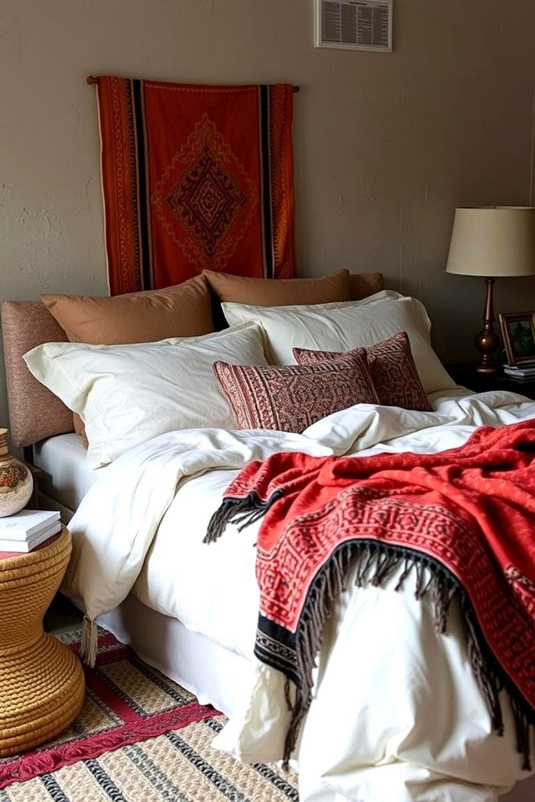 Layered Textural Bedding - 24 Moroccan Themed Bedroom Ideas
