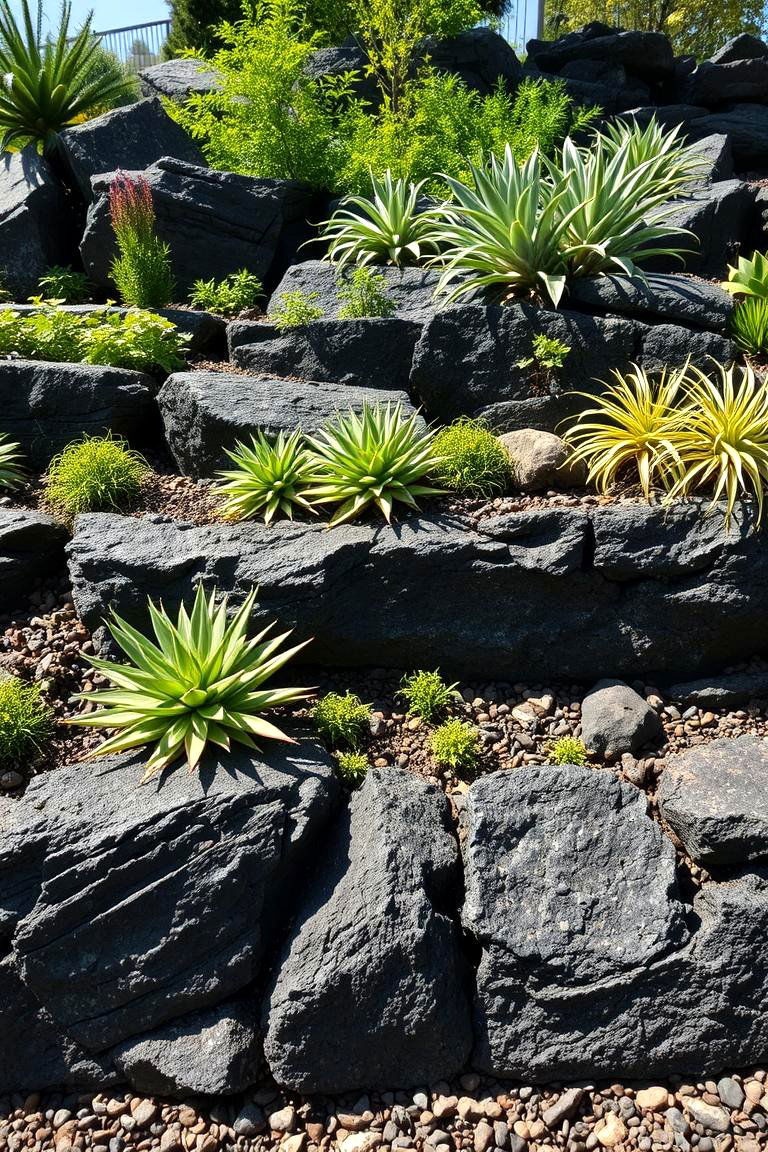 Layered Textural Garden Design with Black River Rock - 24 Black River Rock Landscaping Ideas