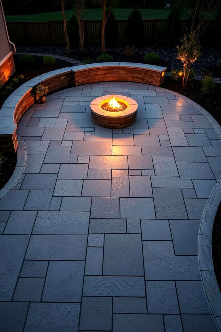 Layered Textured Surfaces with Ambient Firelight - 24 stamped concrete patio with fire pit ideas