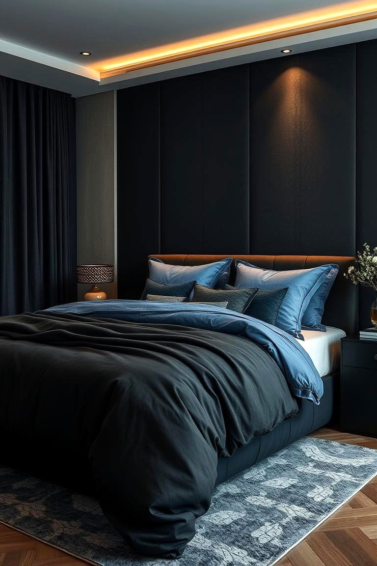 Layered Textures Rich Black and Soft Blue Fabrics - 24 Black and Blue Bedroom Ideas