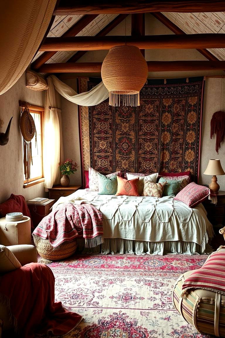 Layered Textures and Patterns - 24 Green Boho Bedroom Ideas