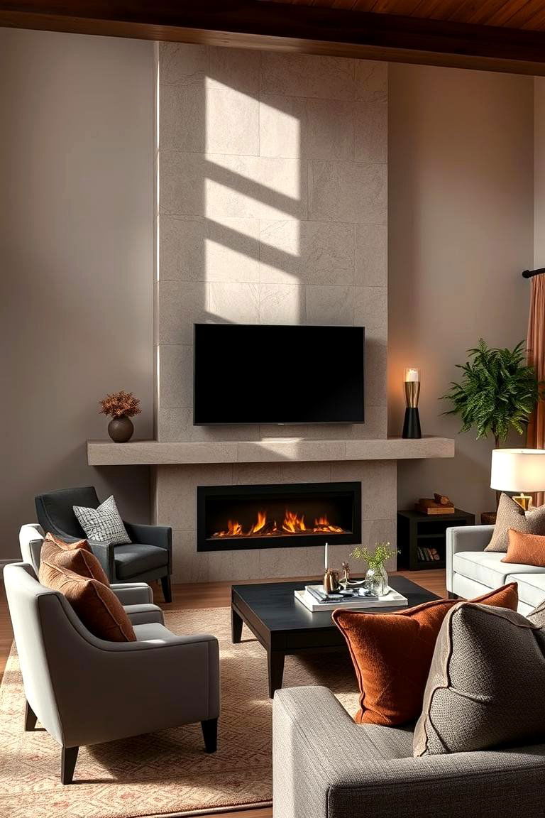 Layered Textures and Warm Tones - 24 Linear Fireplace Ideas With Tv Above