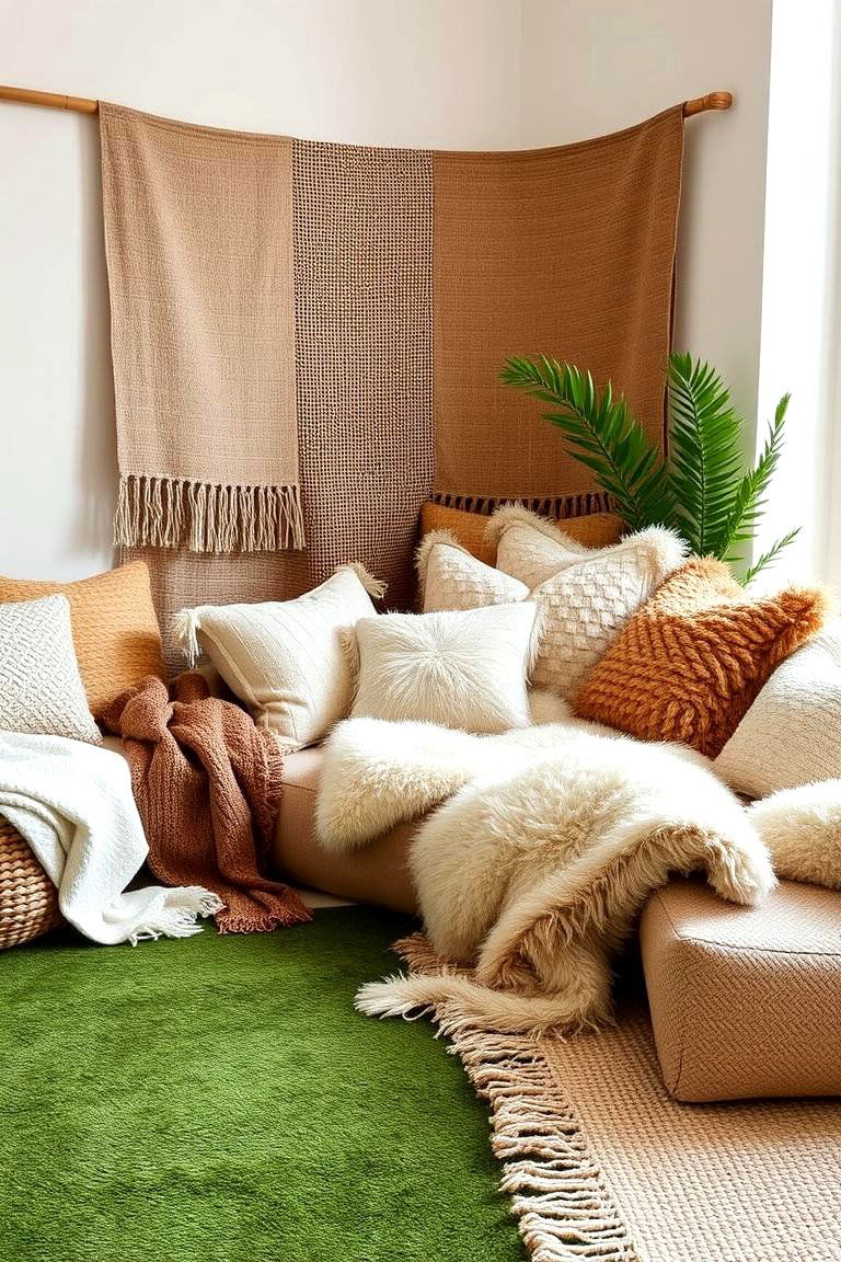 Layered Textures on a Green Carpet - 24 Green Carpet Living Room Ideas