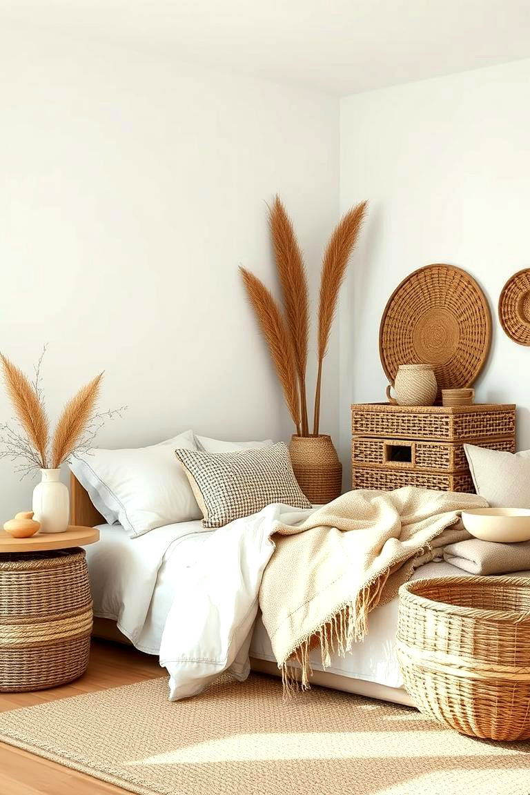 Layered Textures with Woven Baskets - 24 Rust Bedroom Ideas