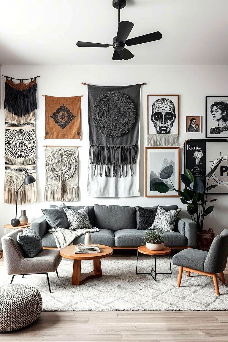 Layered Wall Hangings - 24 Black and White Boho Living Room Ideas