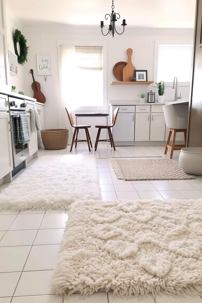 Layered White Rugs on White Floors - 24 White Kitchen Floor Ideas