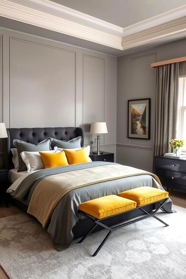 Layering Different Shades of Grey - 24 Yellow and Grey Bedroom Ideas