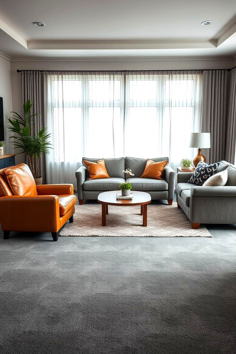 Leather Accents for a Touch of Masculinity on Grey Carpet - 24 grey carpet living room ideas